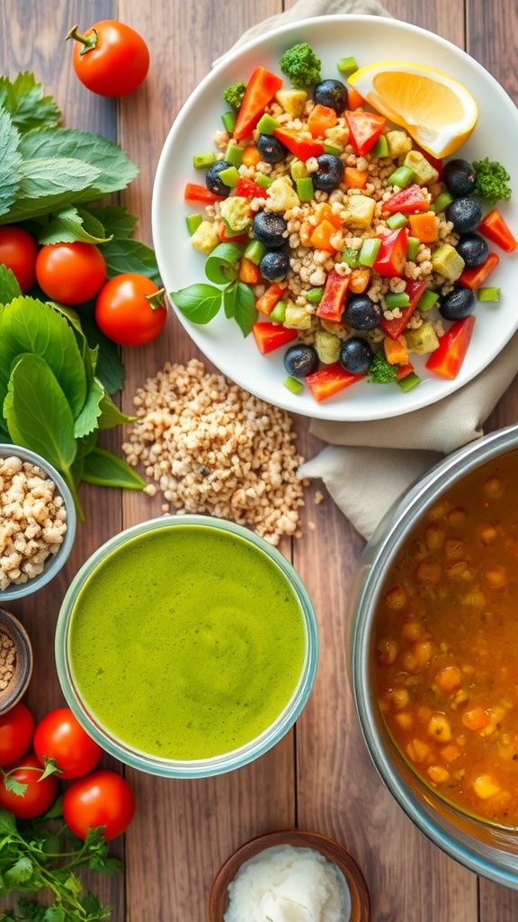 A colorful vegan meal display featuring a green smoothie, quinoa salad, and lentil soup on a rustic wooden table.